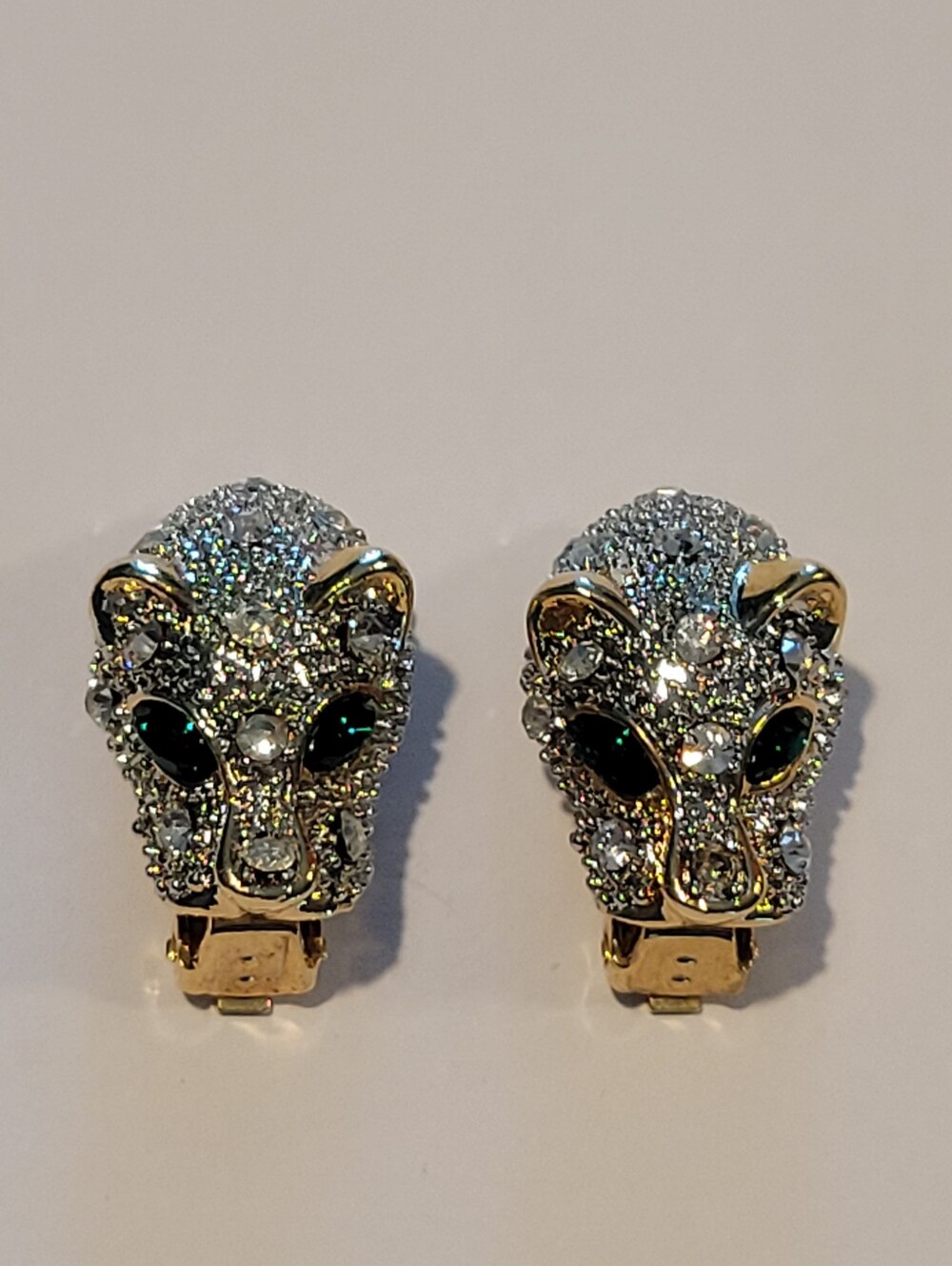 Gold-Tone Crystal Panther Clip On Errings Silver & Green.